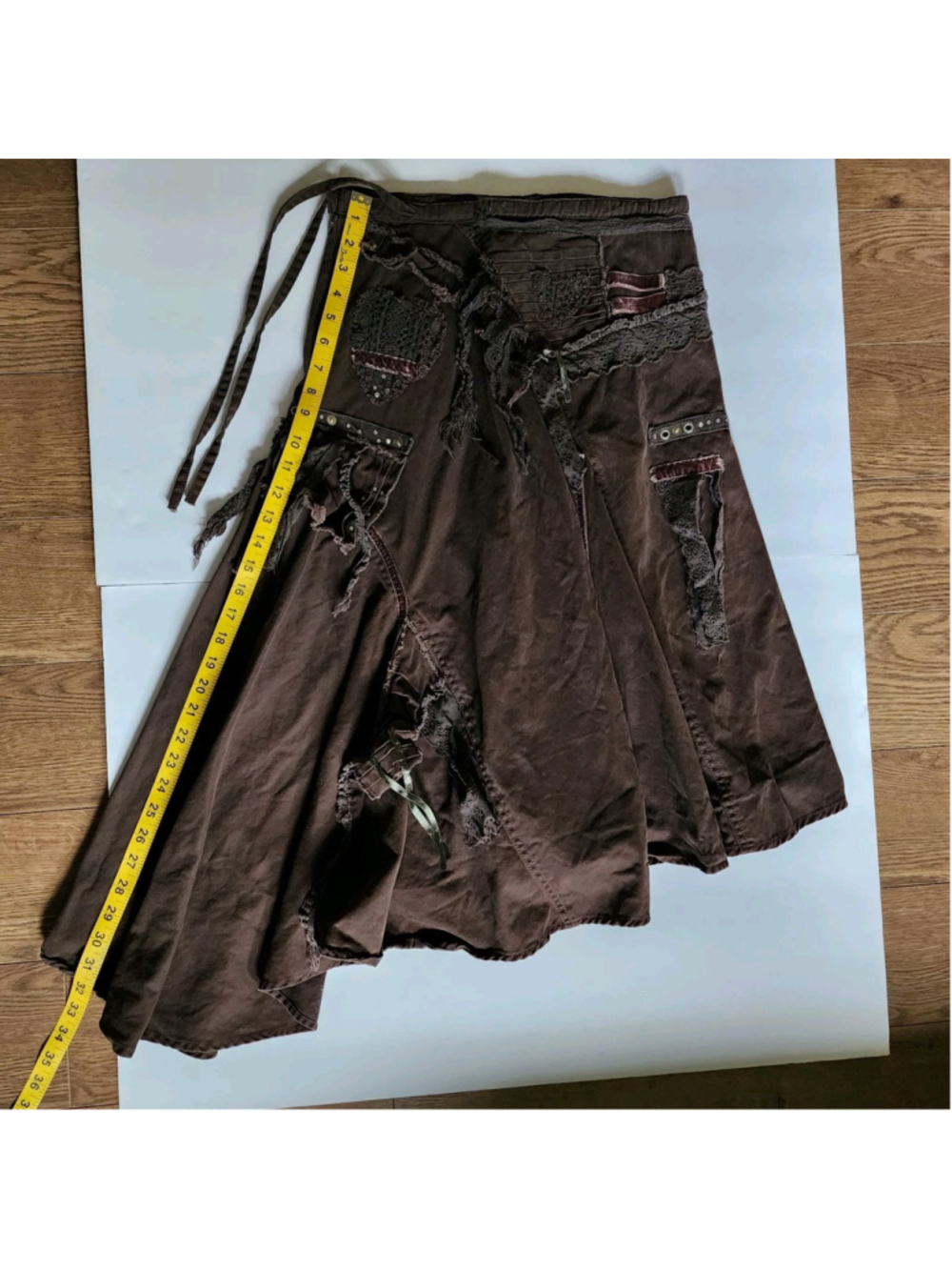 Spirit Vintage Y2K Brown Whimsigoth Fairy Grunge Asymmetric Patchwork Midi Skirt - Picture 11 of 16